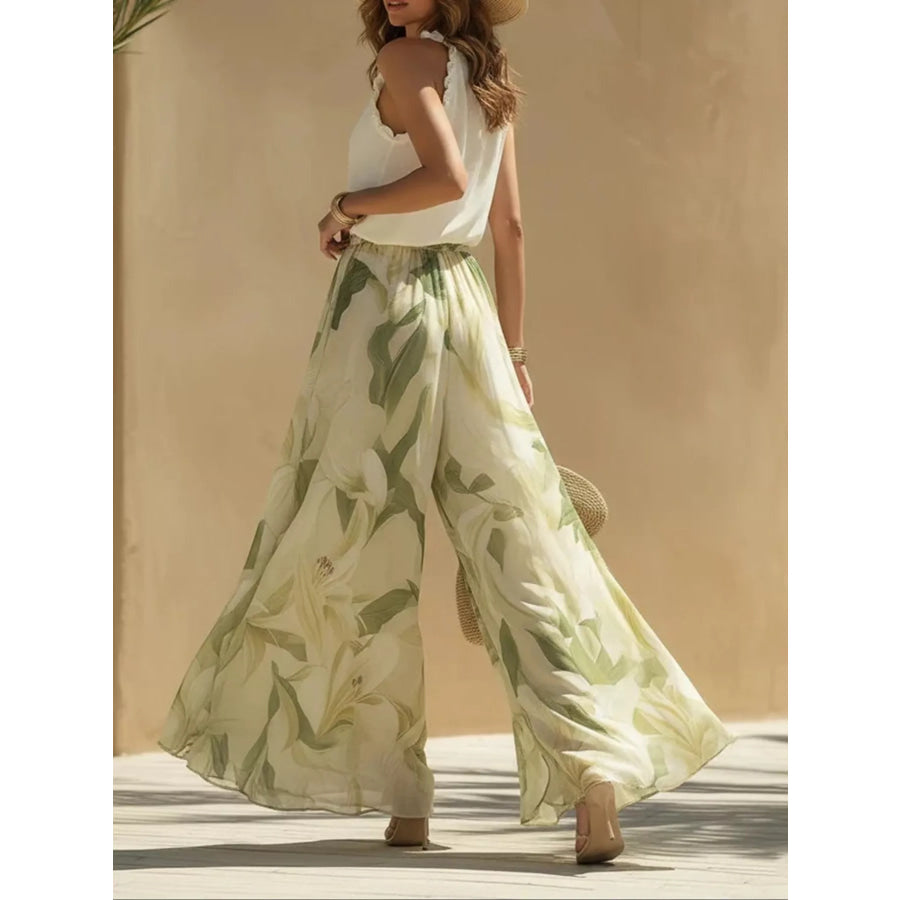 Frill Sleeveless Top and Wide-Leg Pants Two-Piece Set Apparel and Accessories