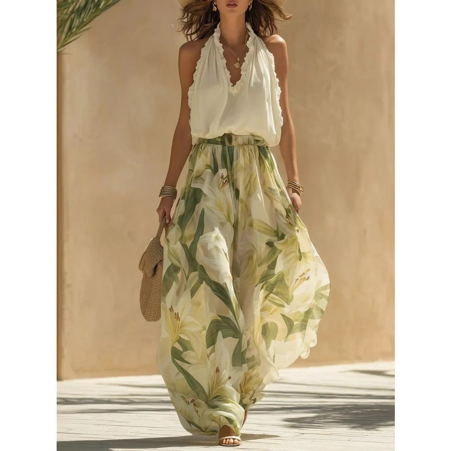 Frill Sleeveless Top and Wide-Leg Pants Two-Piece Set Sage / S Apparel and Accessories
