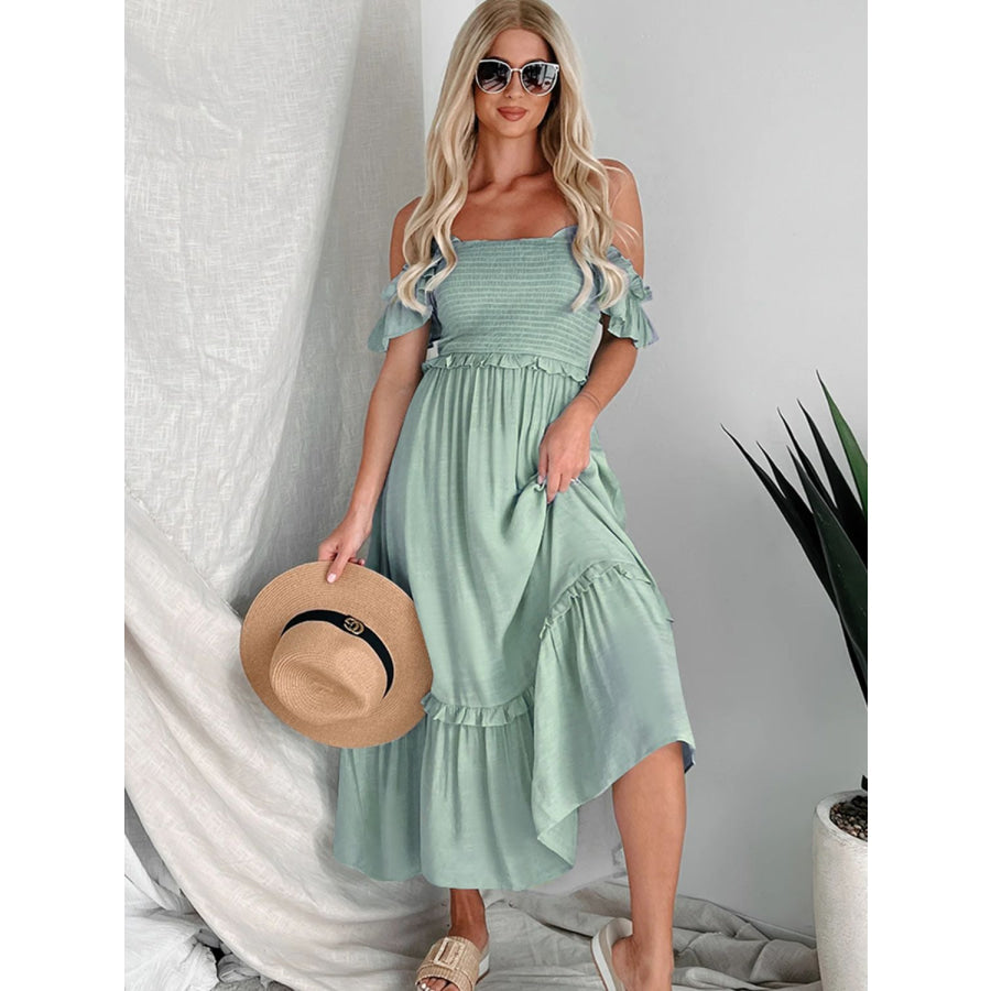 Frill Smocked Off-Shoulder Ruffle Sleeve Dress Apparel and Accessories