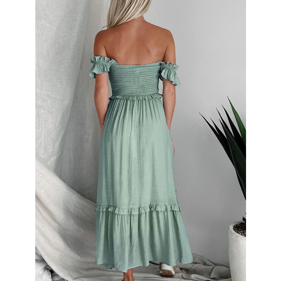 Frill Smocked Off-Shoulder Ruffle Sleeve Dress Gum Leaf / S Apparel and Accessories