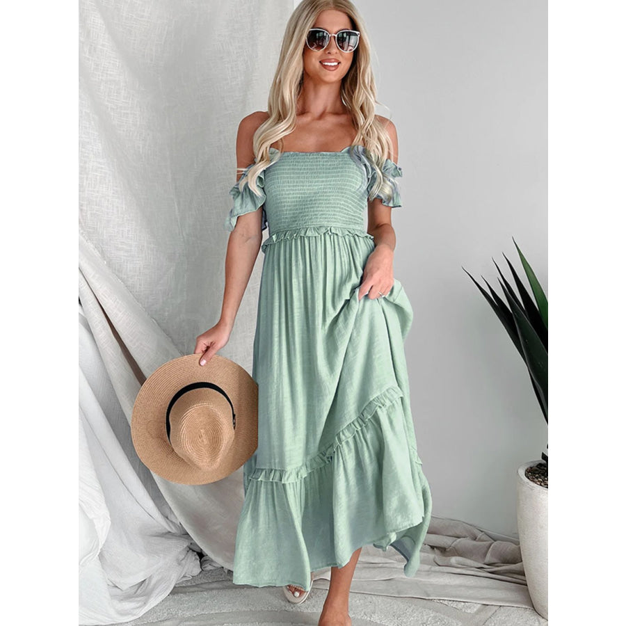 Frill Smocked Off-Shoulder Ruffle Sleeve Dress Apparel and Accessories