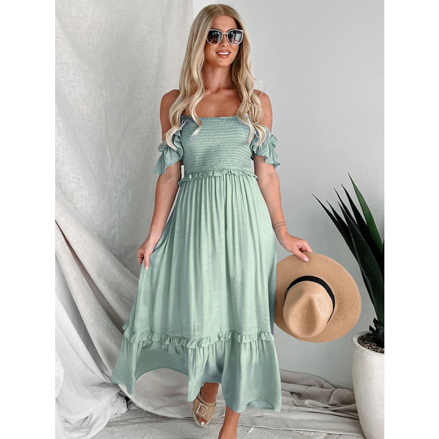 Frill Smocked Off-Shoulder Ruffle Sleeve Dress Apparel and Accessories