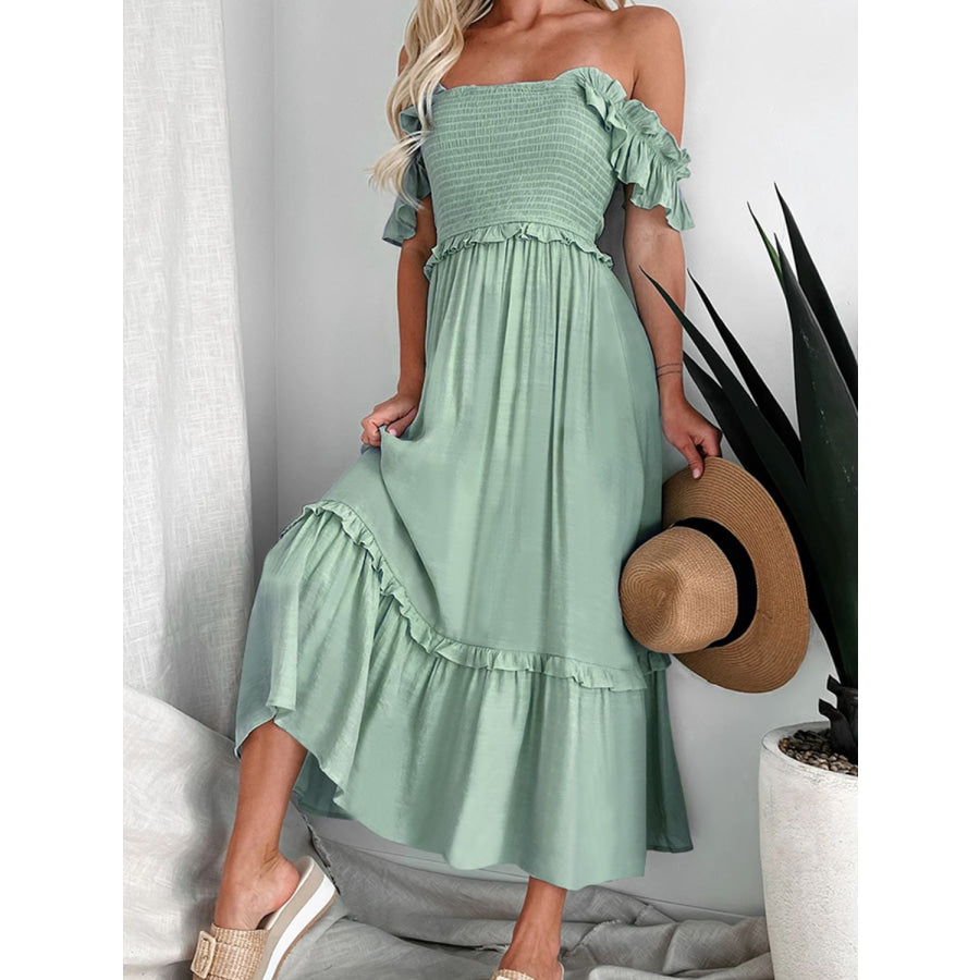 Frill Smocked Off-Shoulder Ruffle Sleeve Dress Gum Leaf / S Apparel and Accessories