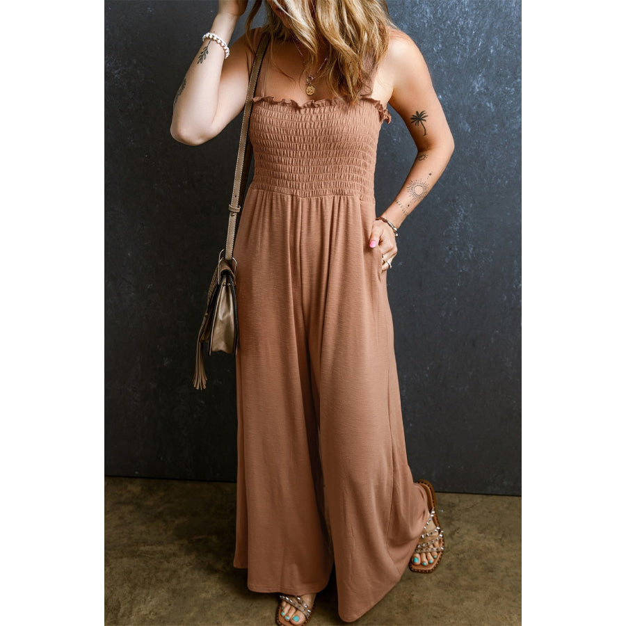 Frill Smocked Wide Leg Jumpsuit Apparel and Accessories