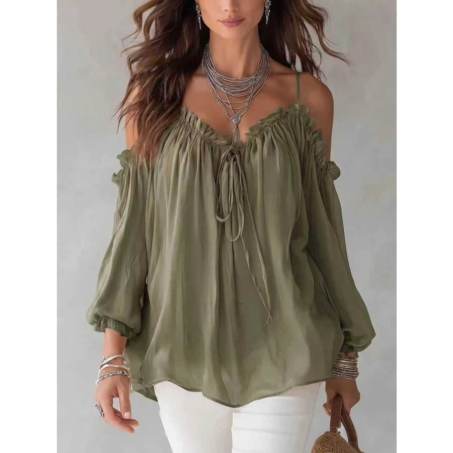 Frill Spaghetti Strap Tie Front Blouse Army Green / S Apparel and Accessories