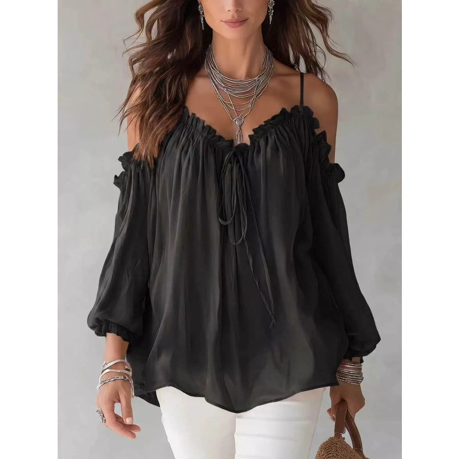 Frill Spaghetti Strap Tie Front Blouse Black / S Apparel and Accessories