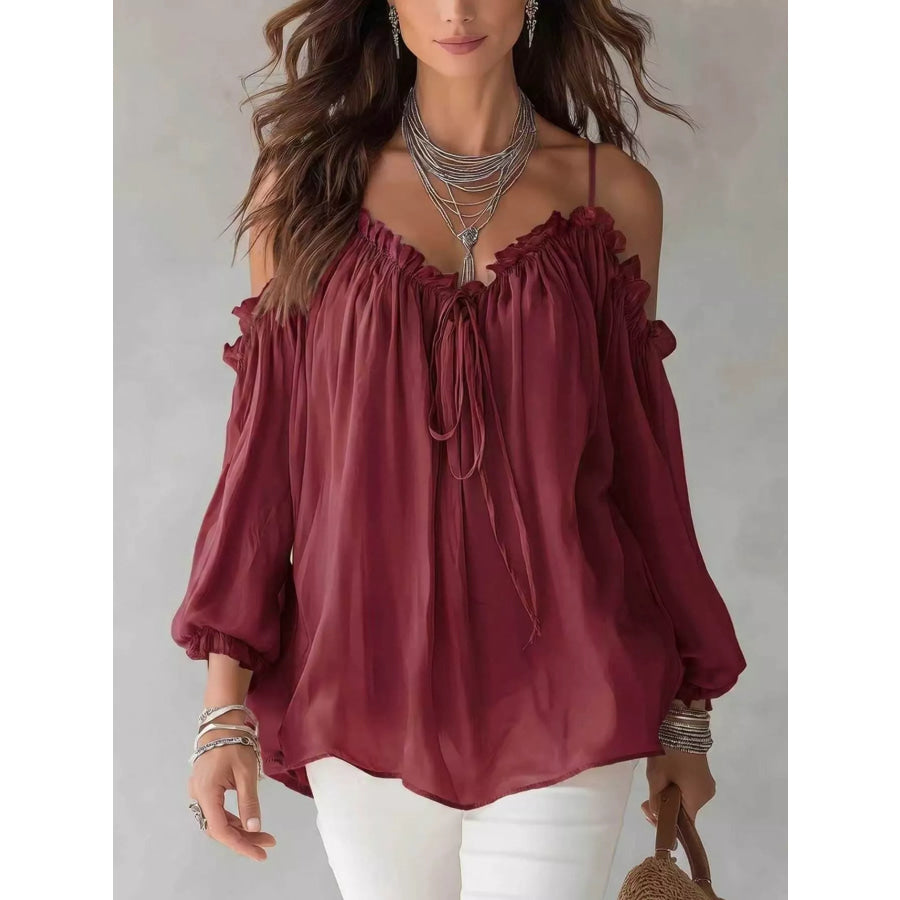 Frill Spaghetti Strap Tie Front Blouse Burgundy / S Apparel and Accessories