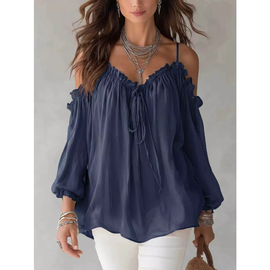 Frill Spaghetti Strap Tie Front Blouse Navy Blue / S Apparel and Accessories