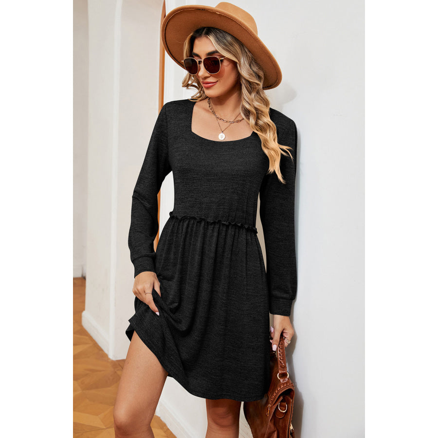 Frill Square Neck Long Sleeve Dress Apparel and Accessories