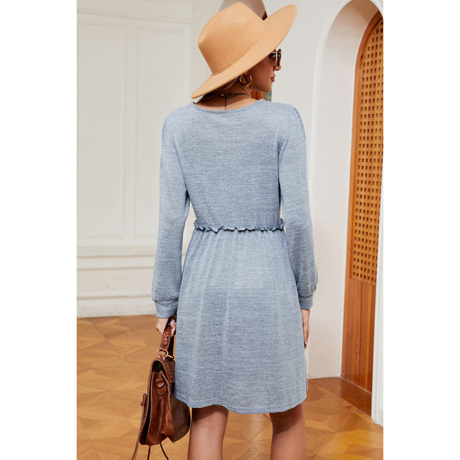 Frill Square Neck Long Sleeve Dress Apparel and Accessories