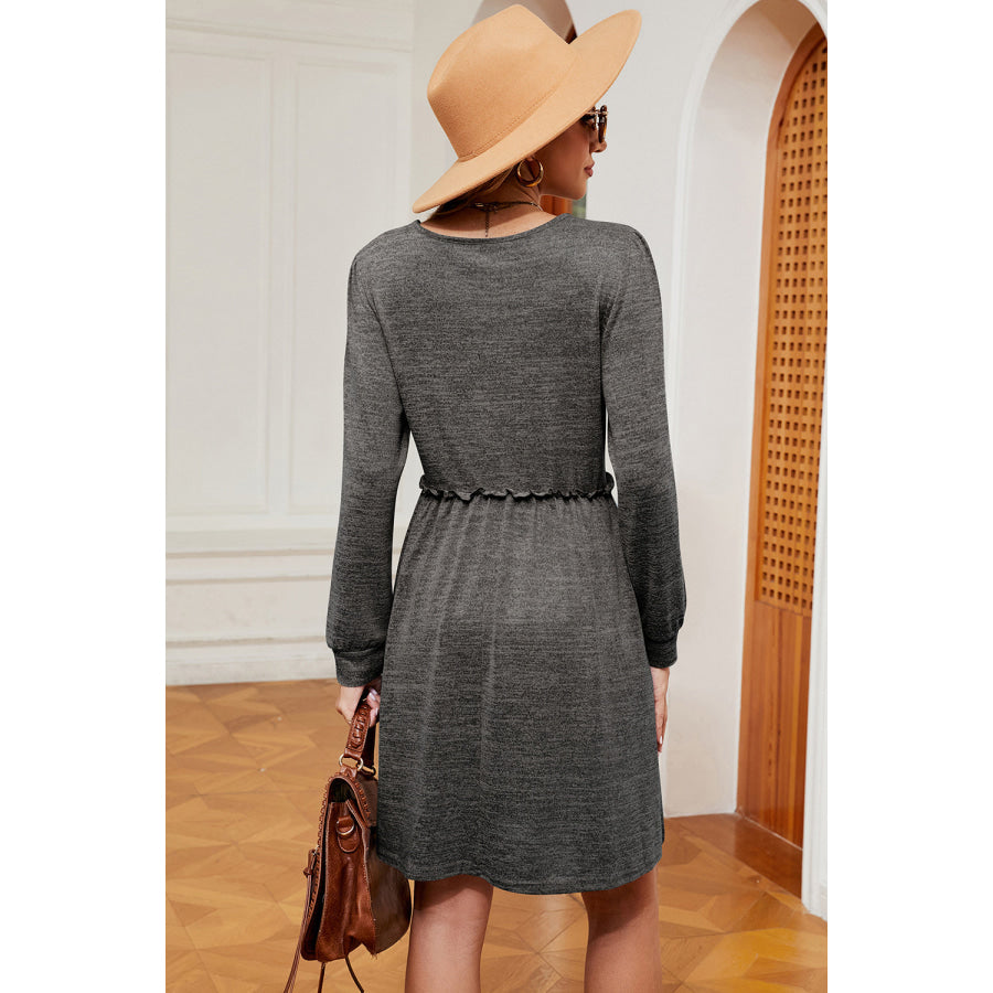 Frill Square Neck Long Sleeve Dress Apparel and Accessories