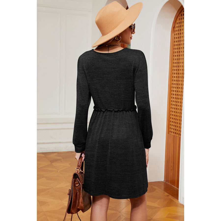 Frill Square Neck Long Sleeve Dress Apparel and Accessories