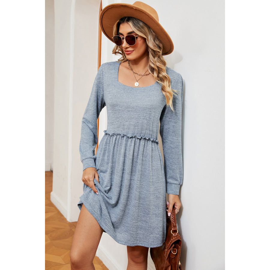 Frill Square Neck Long Sleeve Dress Apparel and Accessories