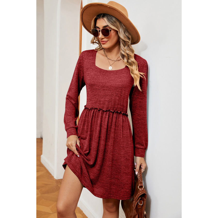 Frill Square Neck Long Sleeve Dress Apparel and Accessories