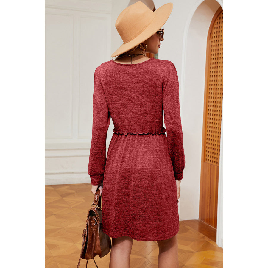 Frill Square Neck Long Sleeve Dress Apparel and Accessories