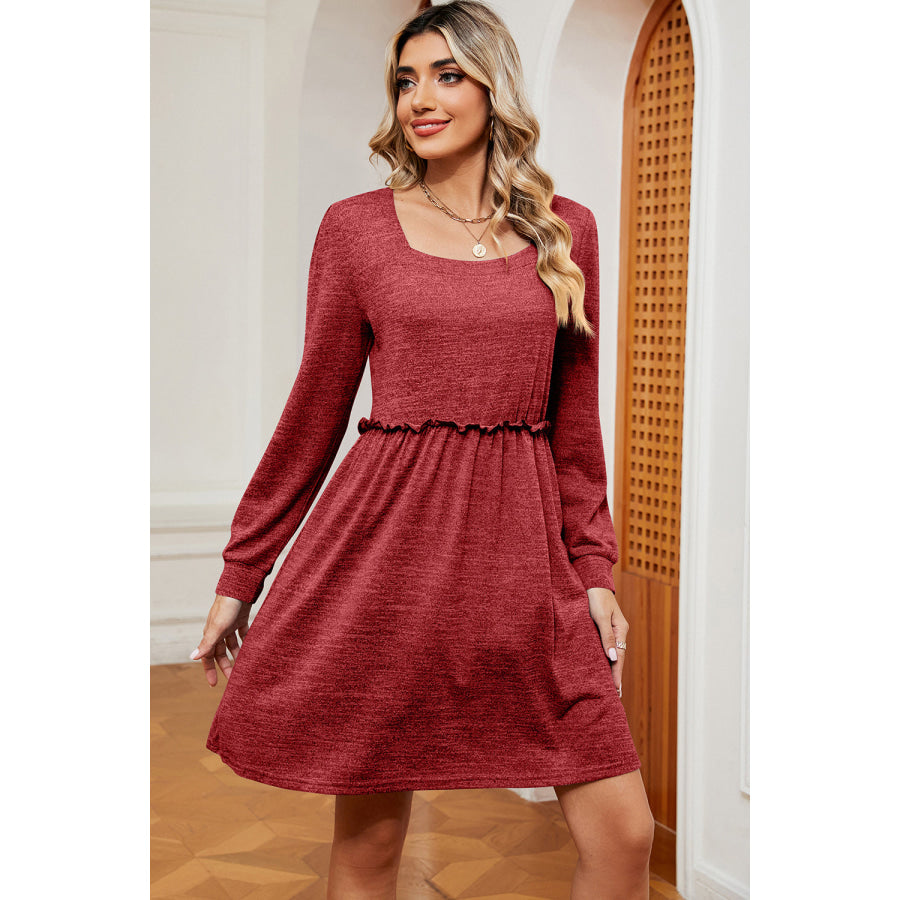 Frill Square Neck Long Sleeve Dress Brick Red / S Apparel and Accessories