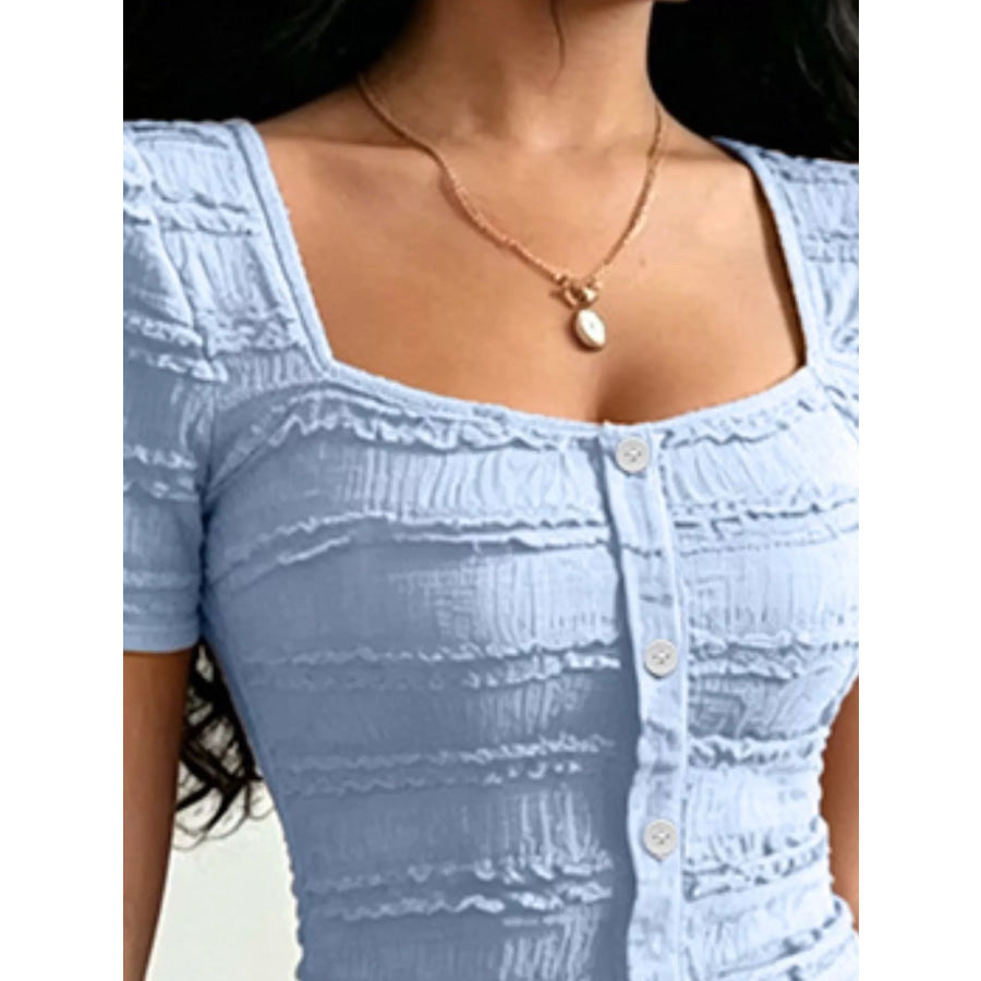 Frill Square Neck Short Sleeve Top Apparel and Accessories