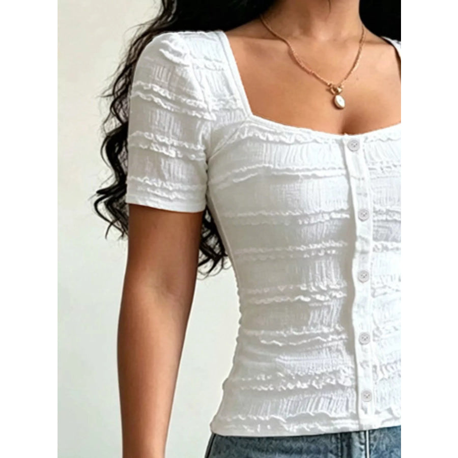 Frill Square Neck Short Sleeve Top Apparel and Accessories