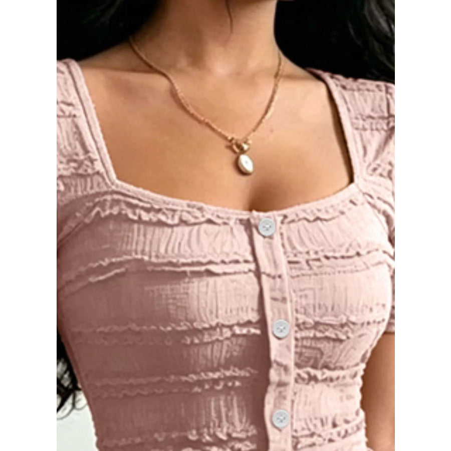 Frill Square Neck Short Sleeve Top Apparel and Accessories
