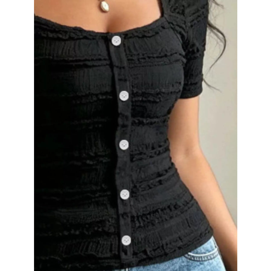Frill Square Neck Short Sleeve Top Apparel and Accessories