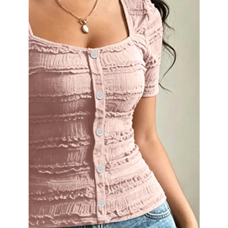 Frill Square Neck Short Sleeve Top Apparel and Accessories