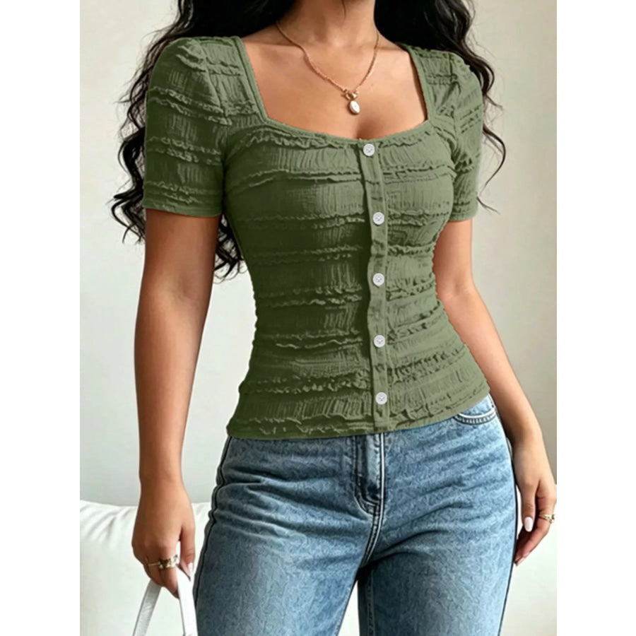 Frill Square Neck Short Sleeve Top Army Green / S Apparel and Accessories