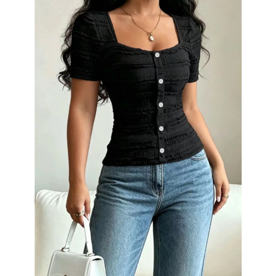 Frill Square Neck Short Sleeve Top Black / S Apparel and Accessories