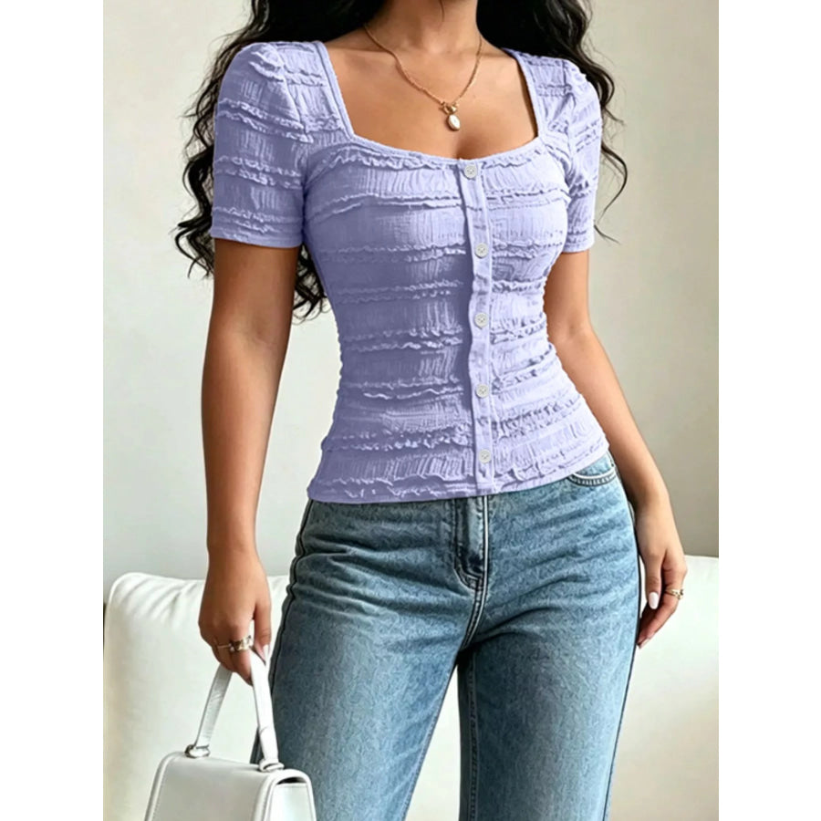 Frill Square Neck Short Sleeve Top Dusty Blue / S Apparel and Accessories