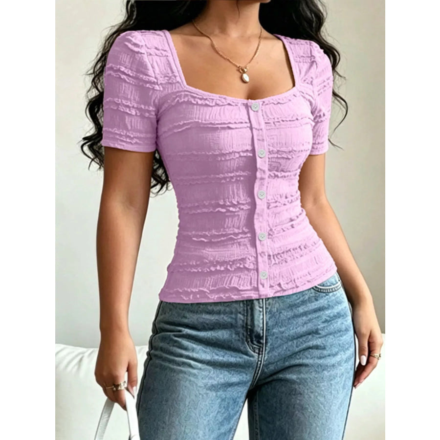Frill Square Neck Short Sleeve Top Heliotrope Purple / S Apparel and Accessories