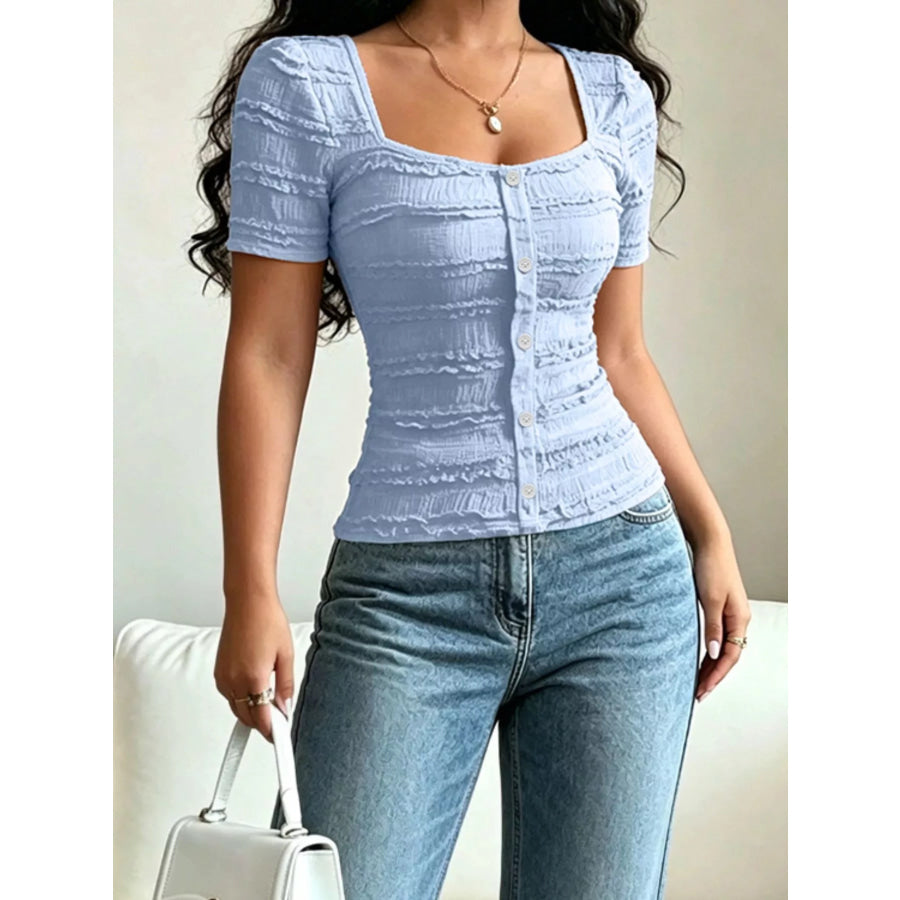 Frill Square Neck Short Sleeve Top Sky Blue / S Apparel and Accessories