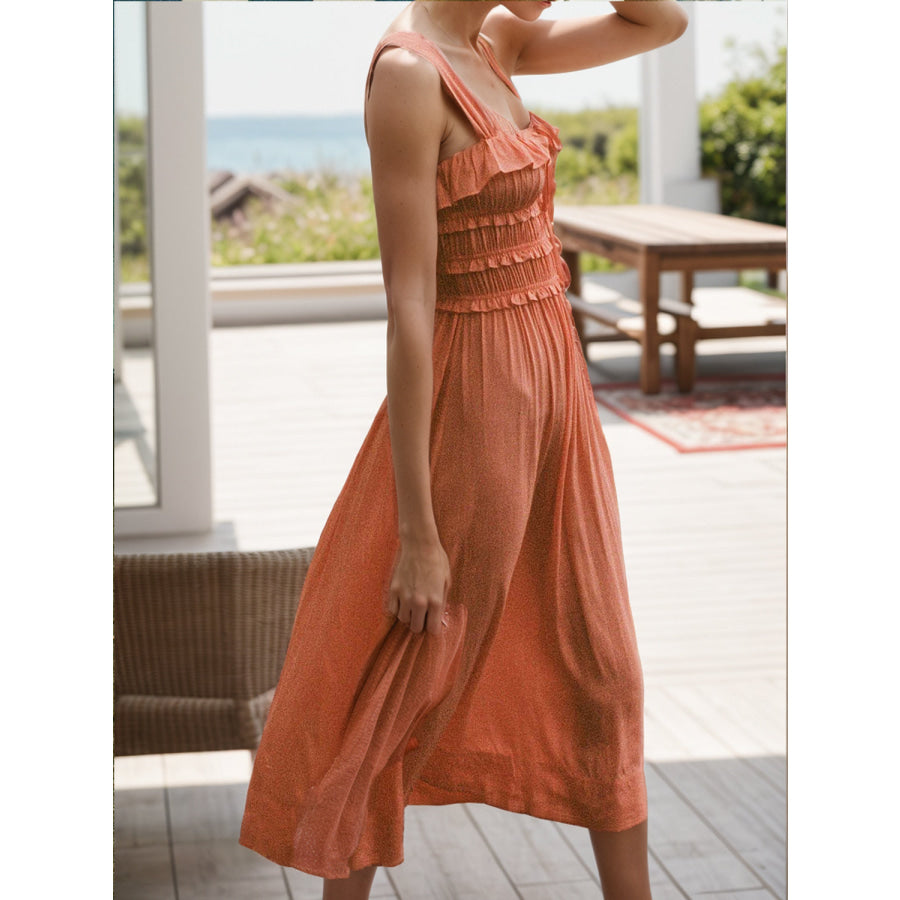 Frill Square Neck Wide Strap Dress Ochre / S Apparel and Accessories