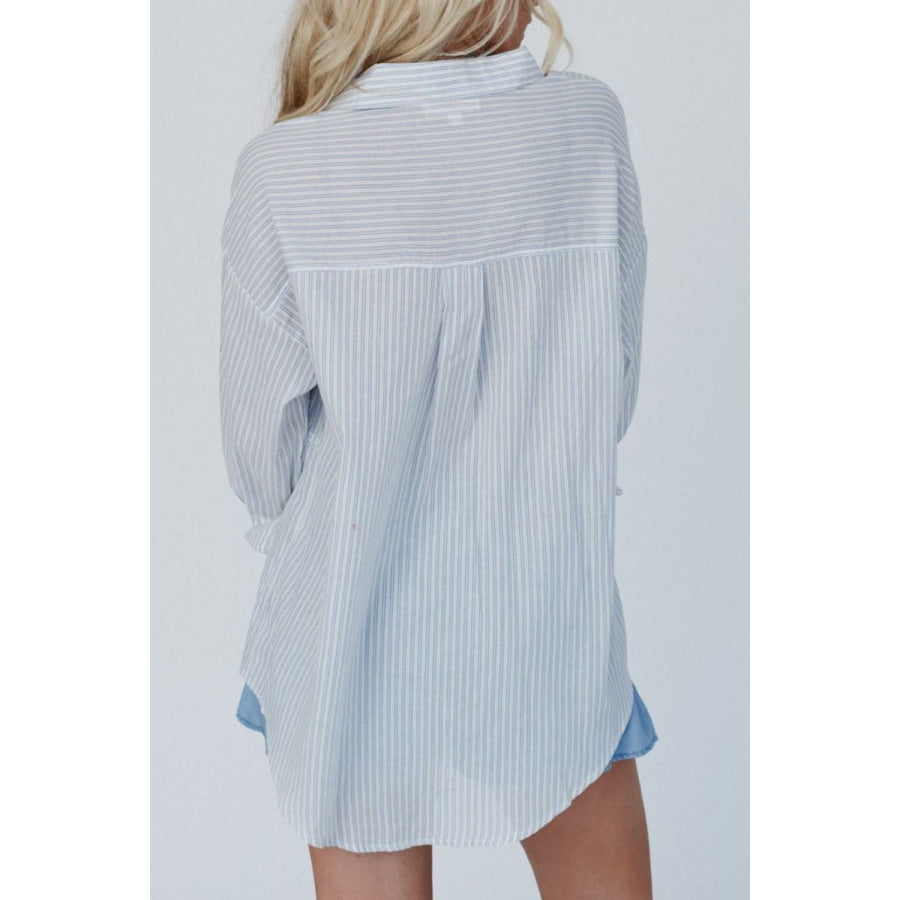 Frill Striped Collared Neck Long Sleeve Shirt Apparel and Accessories