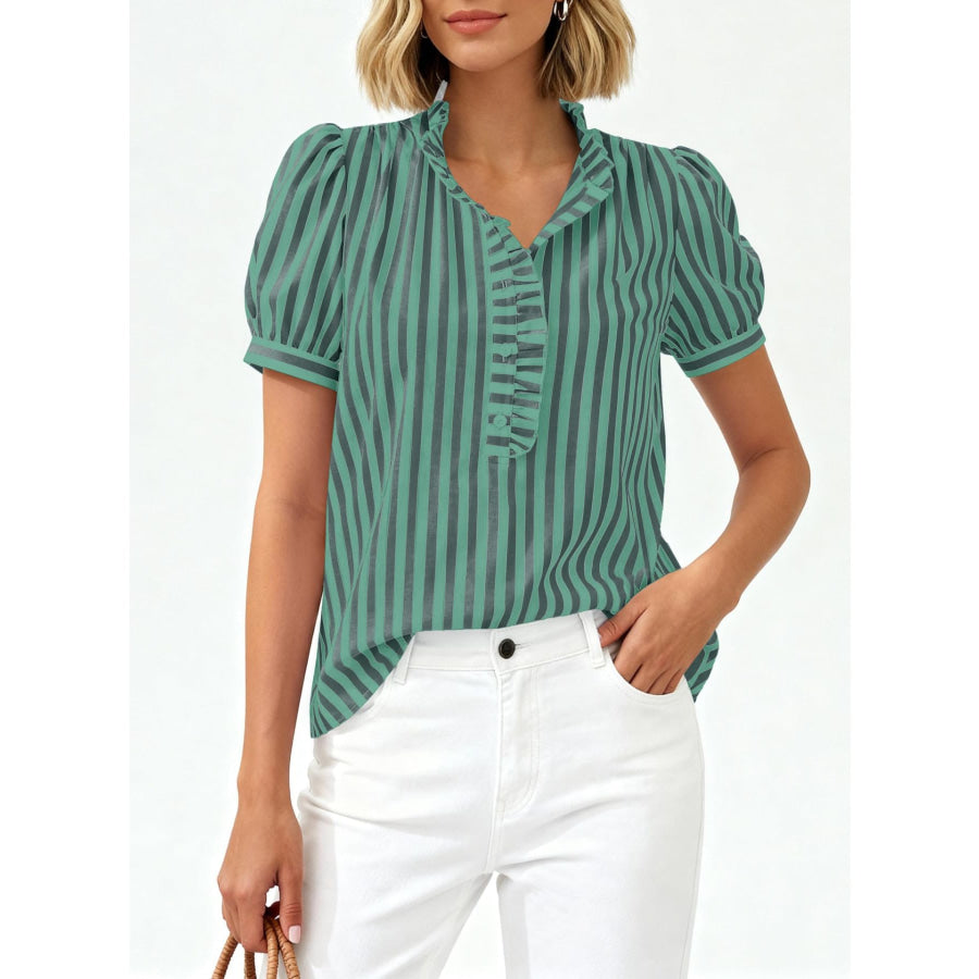 Frill Striped Puff Sleeve Blouse Apparel and Accessories