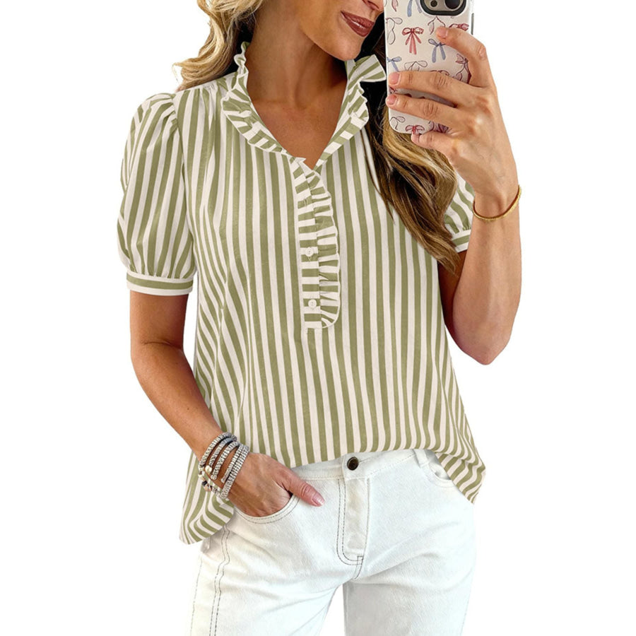 Frill Striped Puff Sleeve Blouse Army Green / S Apparel and Accessories