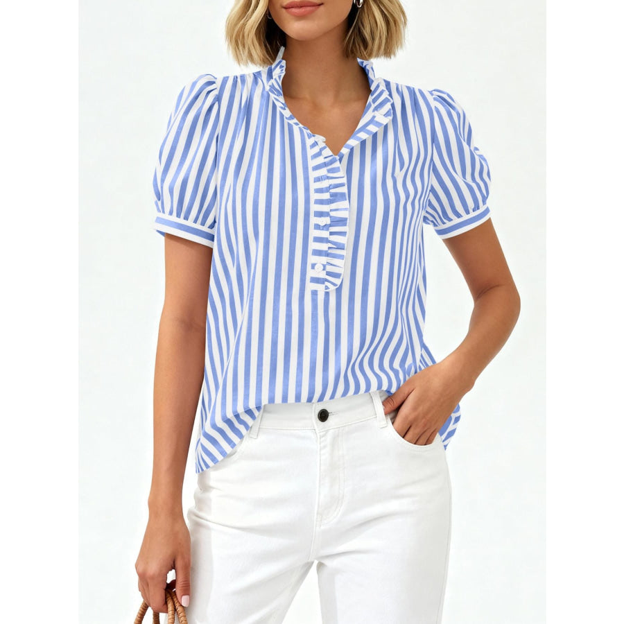 Frill Striped Puff Sleeve Blouse Sky Blue / S Apparel and Accessories