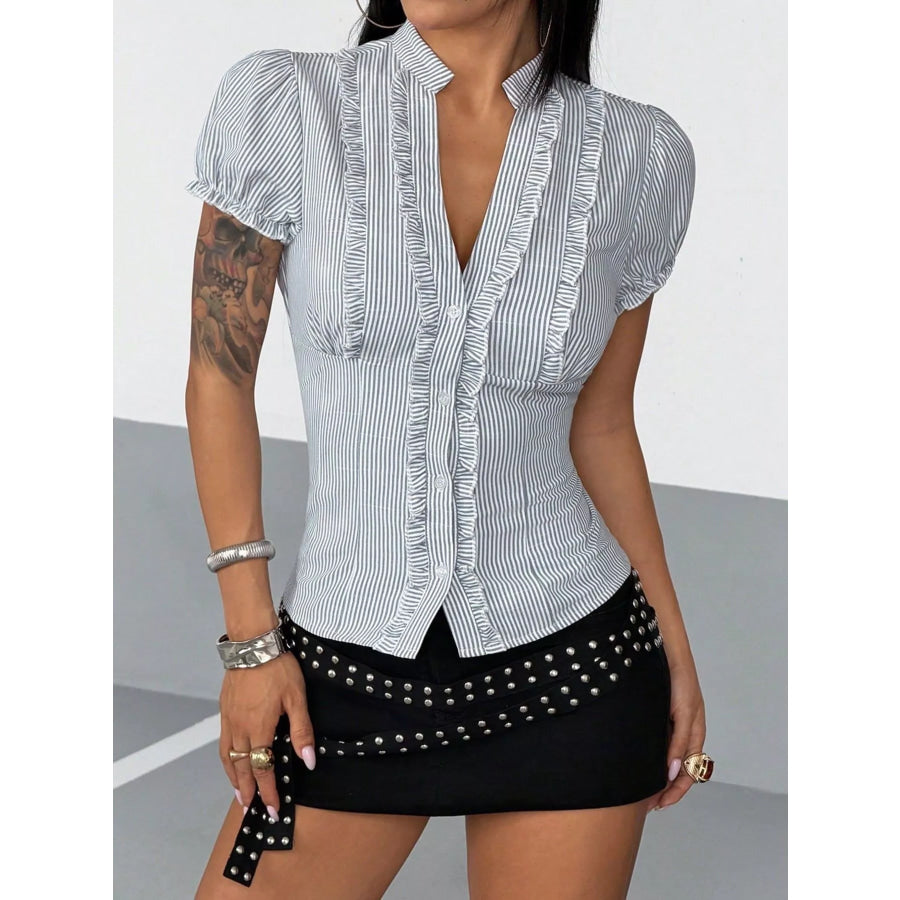 Frill Striped Short Sleeve Shirt Apparel and Accessories