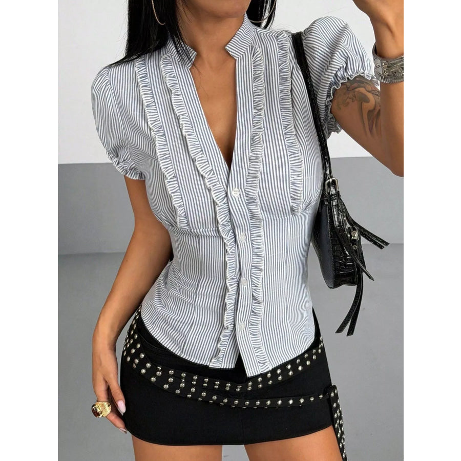 Frill Striped Short Sleeve Shirt Gray / S Apparel and Accessories