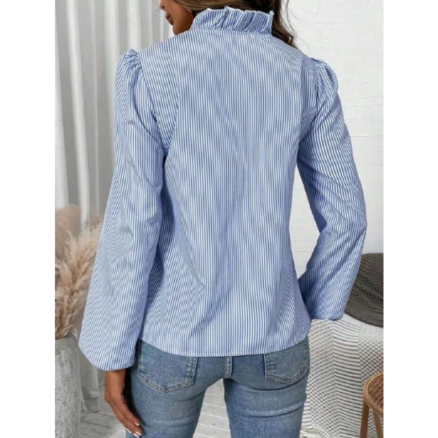 Frill Striped V-Neck Long Sleeve Blouse Light Blue / S Apparel and Accessories