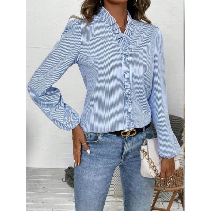 Frill Striped V-Neck Long Sleeve Blouse Apparel and Accessories