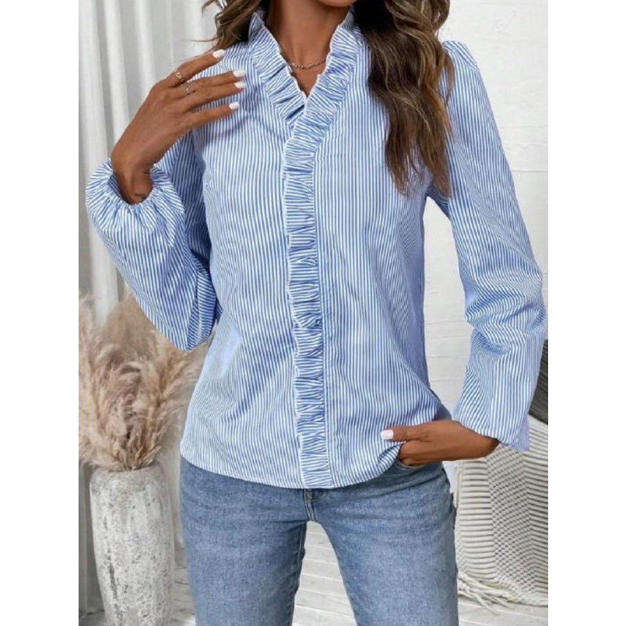 Frill Striped V-Neck Long Sleeve Blouse Light Blue / S Apparel and Accessories