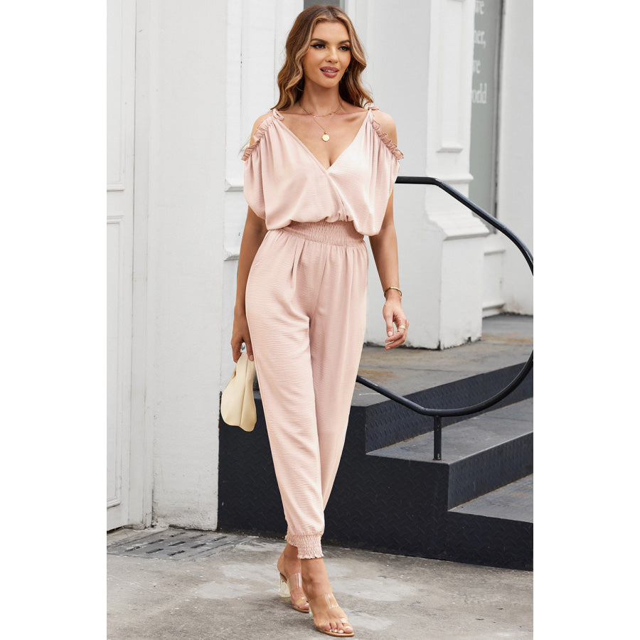 Frill Surplice Cold Shoulder Jumpsuit Peach / S Apparel and Accessories