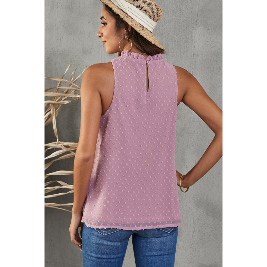 Frill Swiss Dot Round Neck Tank Apparel and Accessories