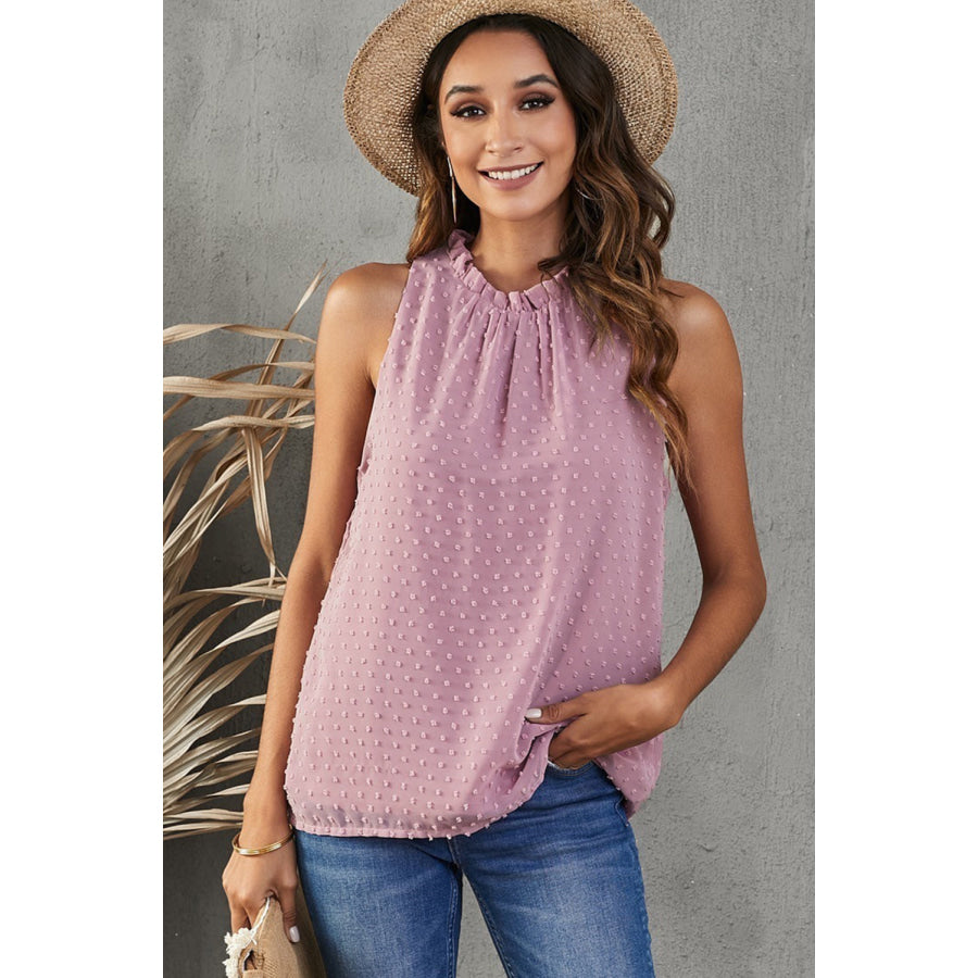 Frill Swiss Dot Round Neck Tank Apparel and Accessories