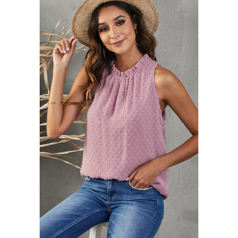 Frill Swiss Dot Round Neck Tank Apparel and Accessories