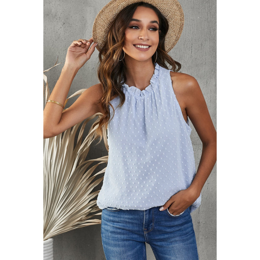 Frill Swiss Dot Round Neck Tank Apparel and Accessories