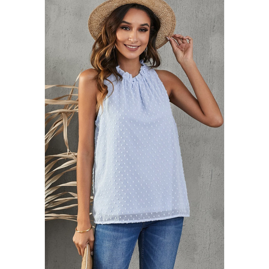 Frill Swiss Dot Round Neck Tank Misty Blue / S Apparel and Accessories