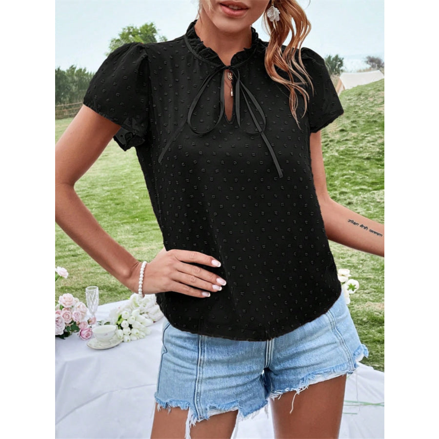 Frill Swiss Dot Tie Neck Short Sleeve Blouse Apparel and Accessories