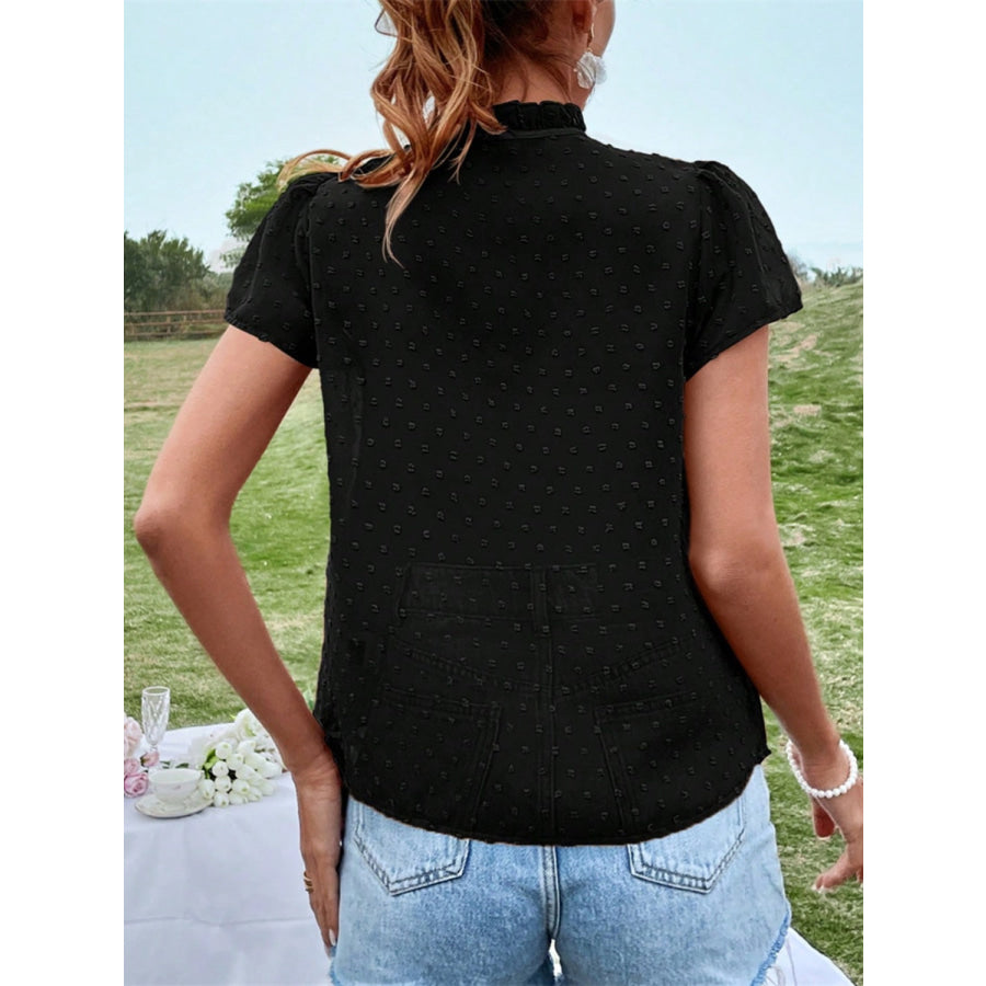 Frill Swiss Dot Tie Neck Short Sleeve Blouse Black / S Apparel and Accessories