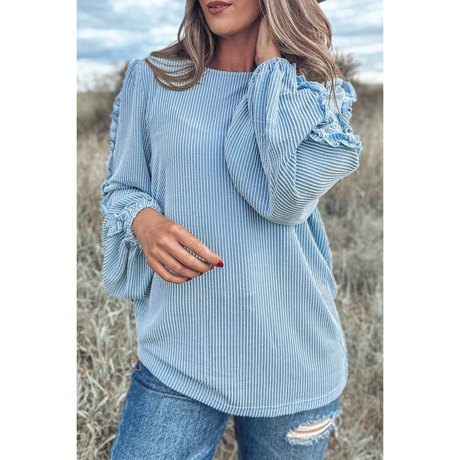 Frill Texture Round Neck Long Sleeve Sweatshirt Pastel Blue / S Apparel and Accessories