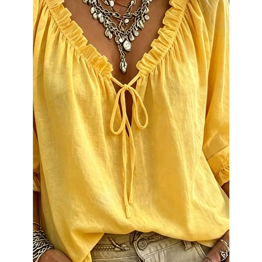 Frill Tie Neck 3/4 Sleeve Blouse Apparel and Accessories